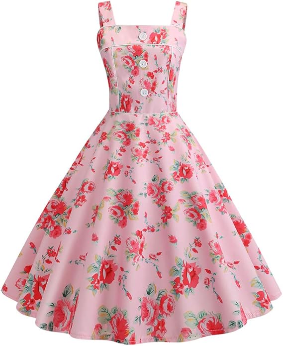 Amazon 1950年代 キャミソール タンクスイング ワンピース レトロ ロカビリー Aライン 春夏秋 肩だし 花柄 プリントプリーツ ペプラム カクテル ミディ ボタン付き ハイウエスト パーティお呼ばれ 旅行 可愛い 披露宴 スプライス レディース ワンピース チュニック 通販