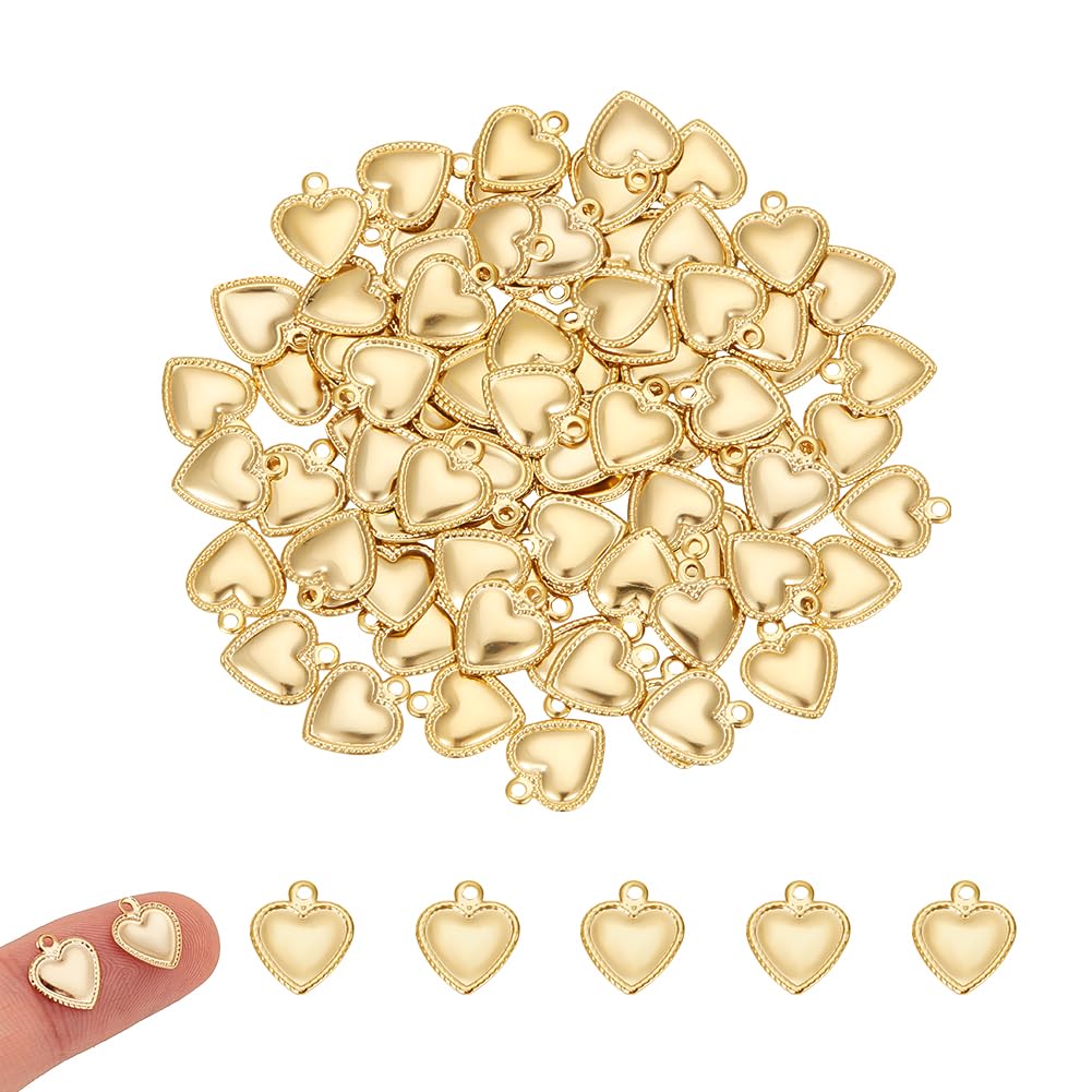UNICRAFTALE about 100pcs Golden Puffy Heart Charms 304 Stainless Steel Pendants 1mm Small Hole Heart Charms for DIY Necklace Bracelet Earring Jewelry Making 10x8x0.8mm