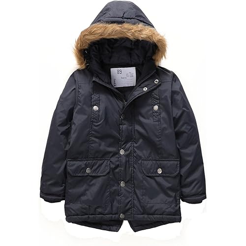 PHIBEE Boys' Winter Windproof Cotton Faux Fur Hooded Parka Jacket