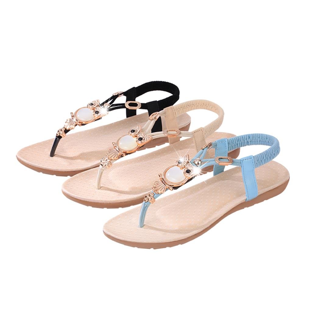 footful women summer bohemia flat sandals beach thong shoes black 36
