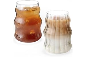2PCS Glass Cups, 18 Oz Ribbed Drink Glasses Vintage Wave Shaped Drinking Glassware, Bubble Cup for Iced Coffee, Mocktails, Mi