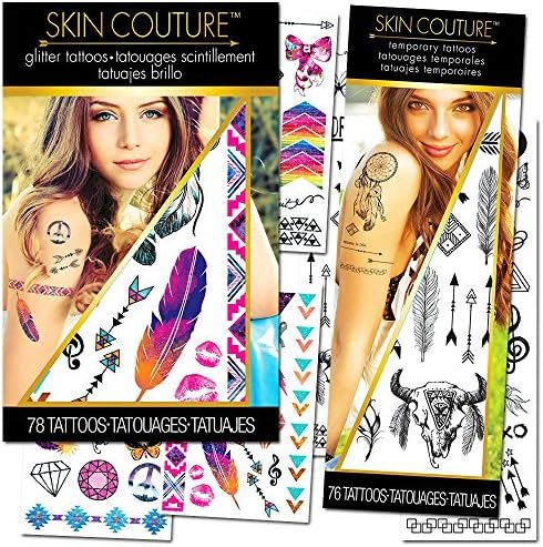 Festival Temporary Tattoos Kit -- Over 150 Glitter and Classic Festival Tattoos (Music Festival Gear, Outfit Accessories)