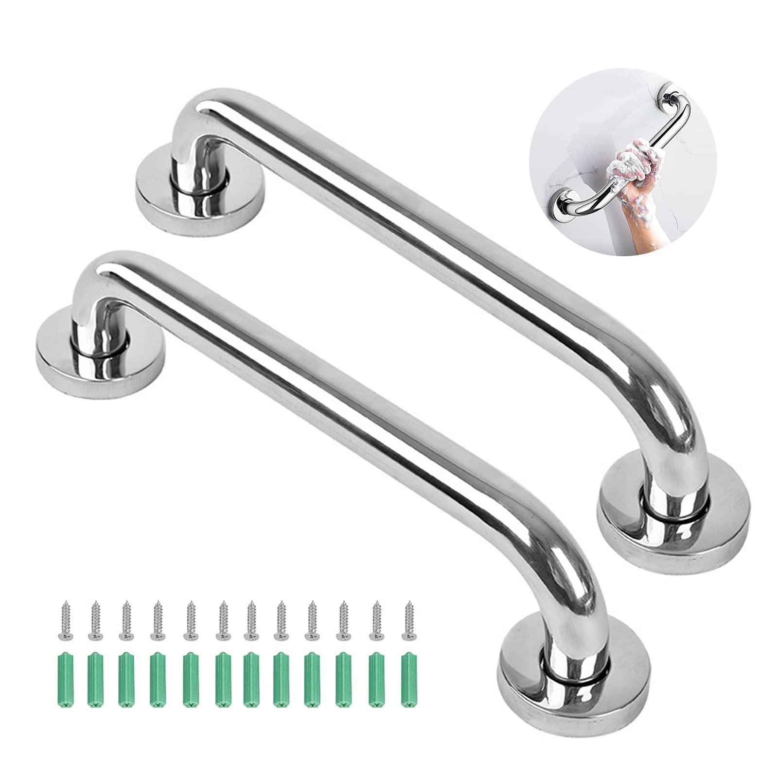 2 Pack Anti-Slip Shower Grab Rails for Bathroom, Chrome Stainless Steel Hand Rail - Safety Disability Aid & Equipment Bath Handles, Bathroom Grab Rail for Toilet, Stairs (16 Inch, Silver)