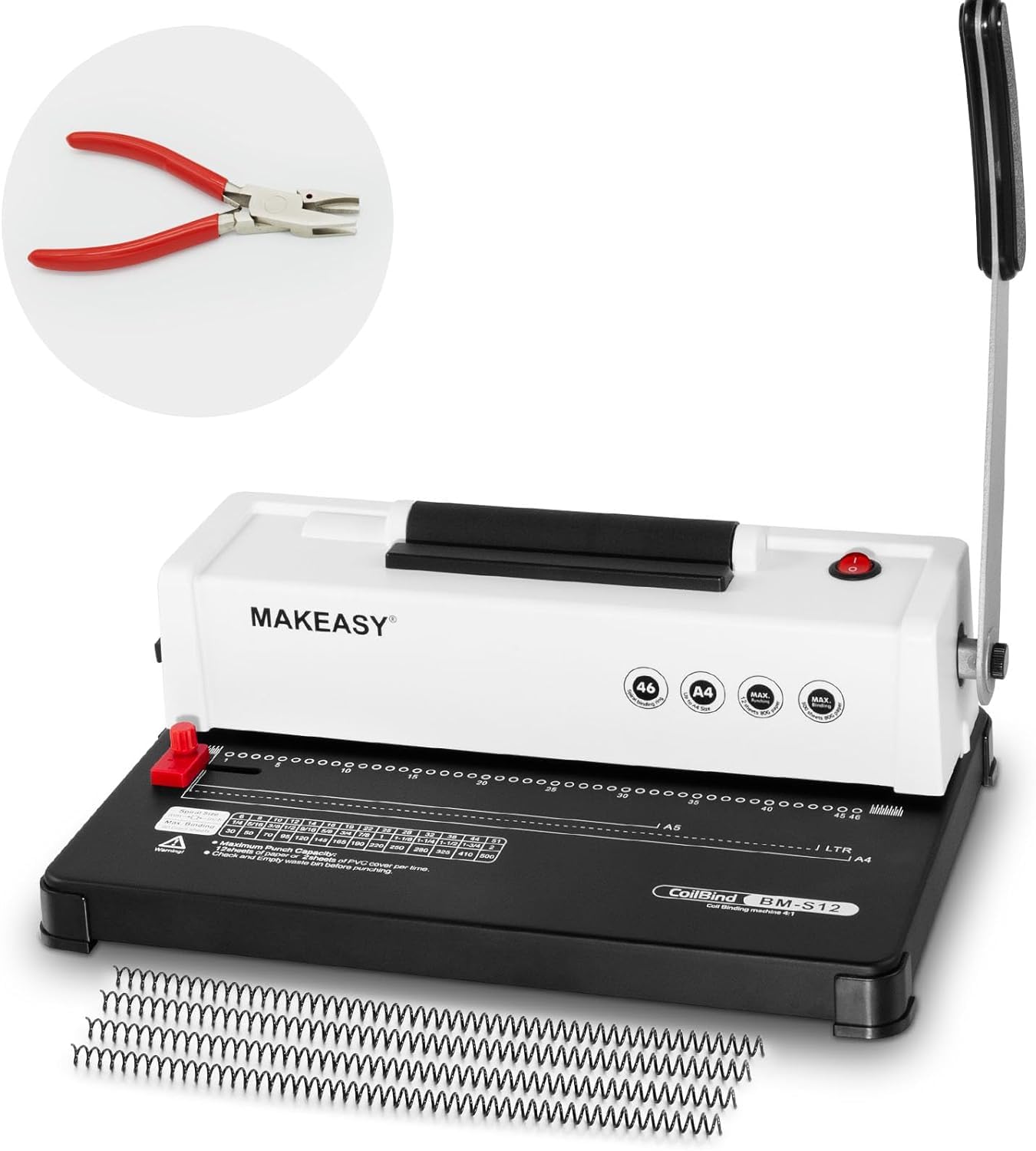Photo 1 of MAKEASY Spiral Binding Machine, 12 Sheets Punch Capacity, Electric Coil Insert, Book Binder Machine for A4/A5/Letter Size Paper, Come with 1 Box pcs 5/16'' Coils & Pliers    