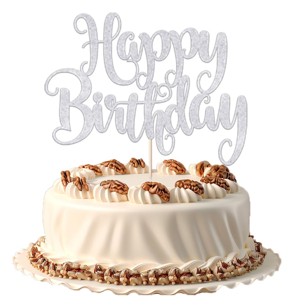 FmiyunEea Happy Birthday Cake Topper- Glitter Happy Birthday Cake Decor, Handmade Anniversary/Birthday Party Supplies (Silver)