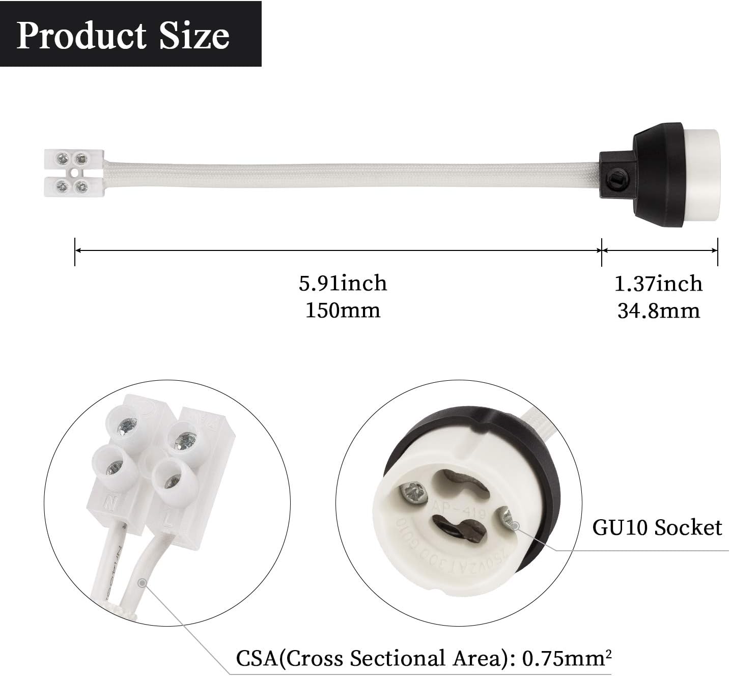 DiCUNO GU10 Lamp Holder 0.75mm² 15CM/150MM Wire GU10 Connector Ceramic Base for Spotlight Bulb 0-250V, 300W, 2A, 10 Packs - Image 3