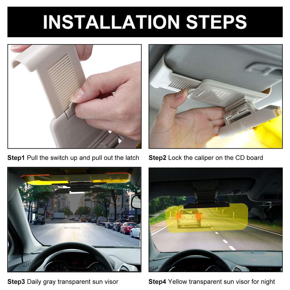 Yanztech Upgrade Car Sun Visor, Auto Windshield Anti-Glare Tac Visor, 2 in 1 Anti-Dazzle Day and Night Sun Visor Extender Mirror Vision, HD Sun Visor Protector for Car Windshield