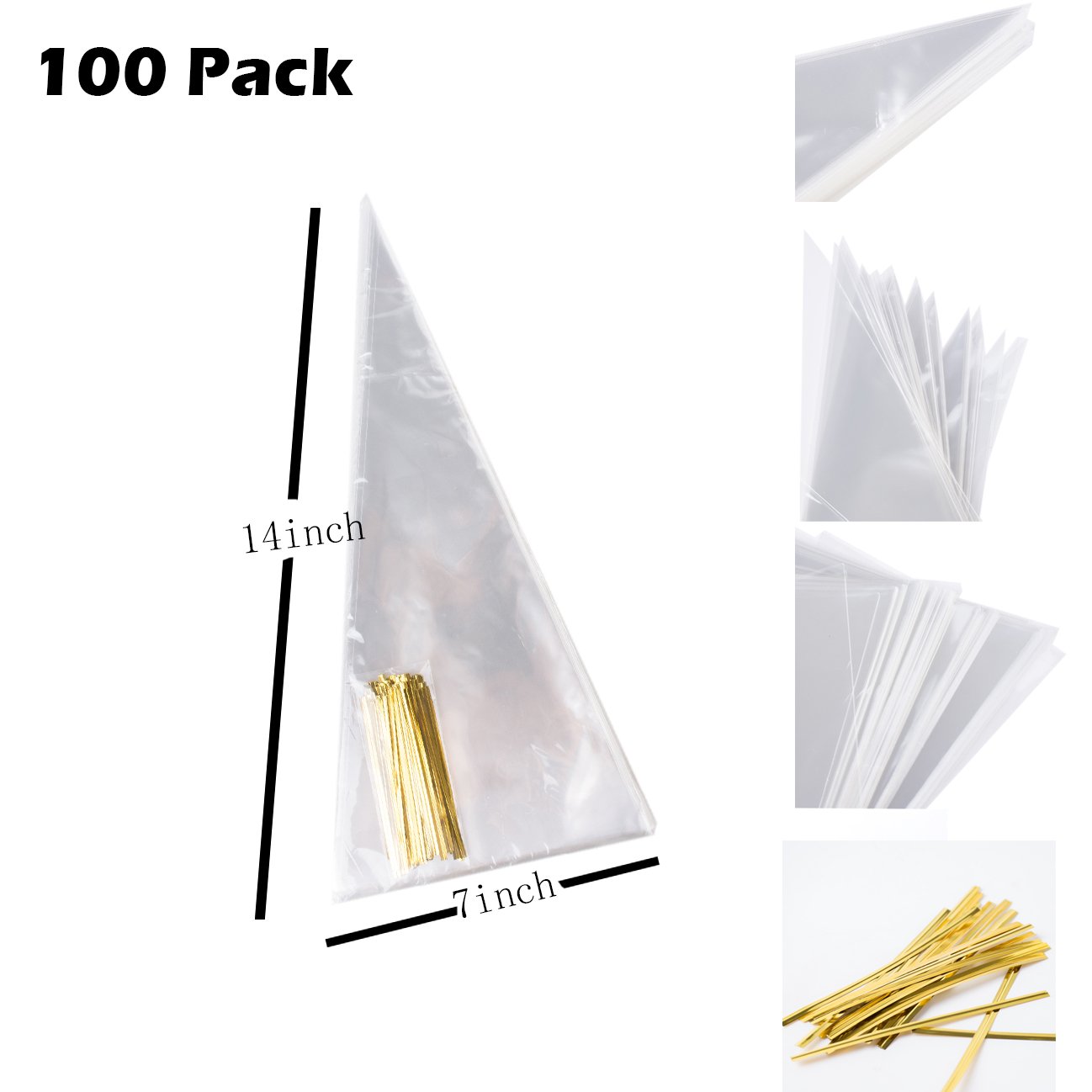 TripodGo Clear Cellophane Cone Shaped Treat Favor Bags with Free Twist Ties- 100 Bags (100)