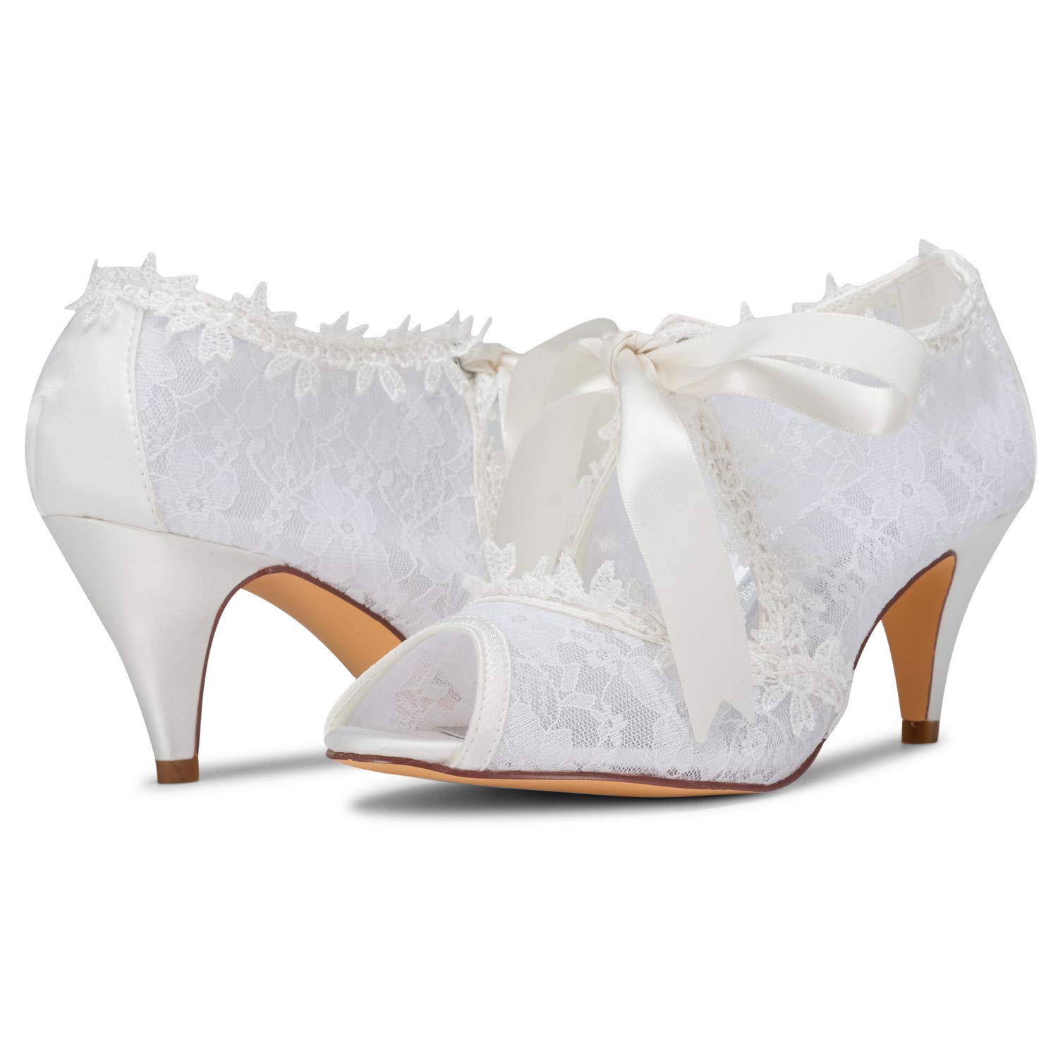 JIAJIA Women's Bridal Shoes 5949419 Peep Toe 2.6" Cone Heel Lace Satin Pumps Ribbon Tie Wedding Shoes - Image 4