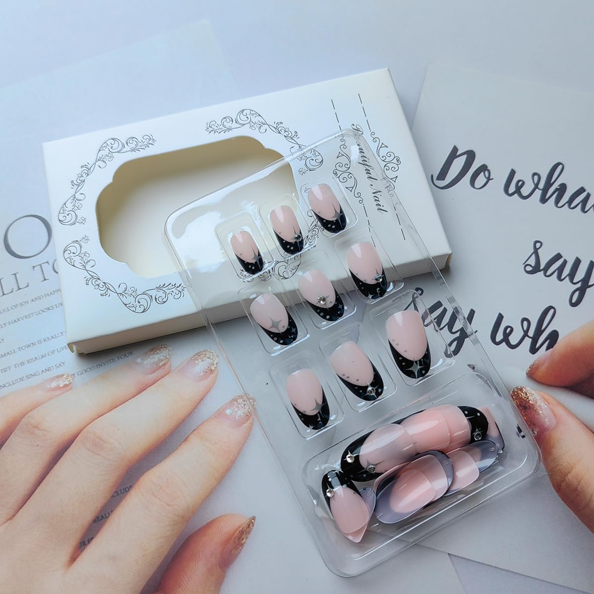 24Pcs Black French Tip Press on Nails Short Almond Shape Fake Nails with Silver Star Rhinestones Design Cute False Nails Nude Pink Full Cover Stick on Nails Glossy Acrylic Glue on Nails for Women Girl - Image 3