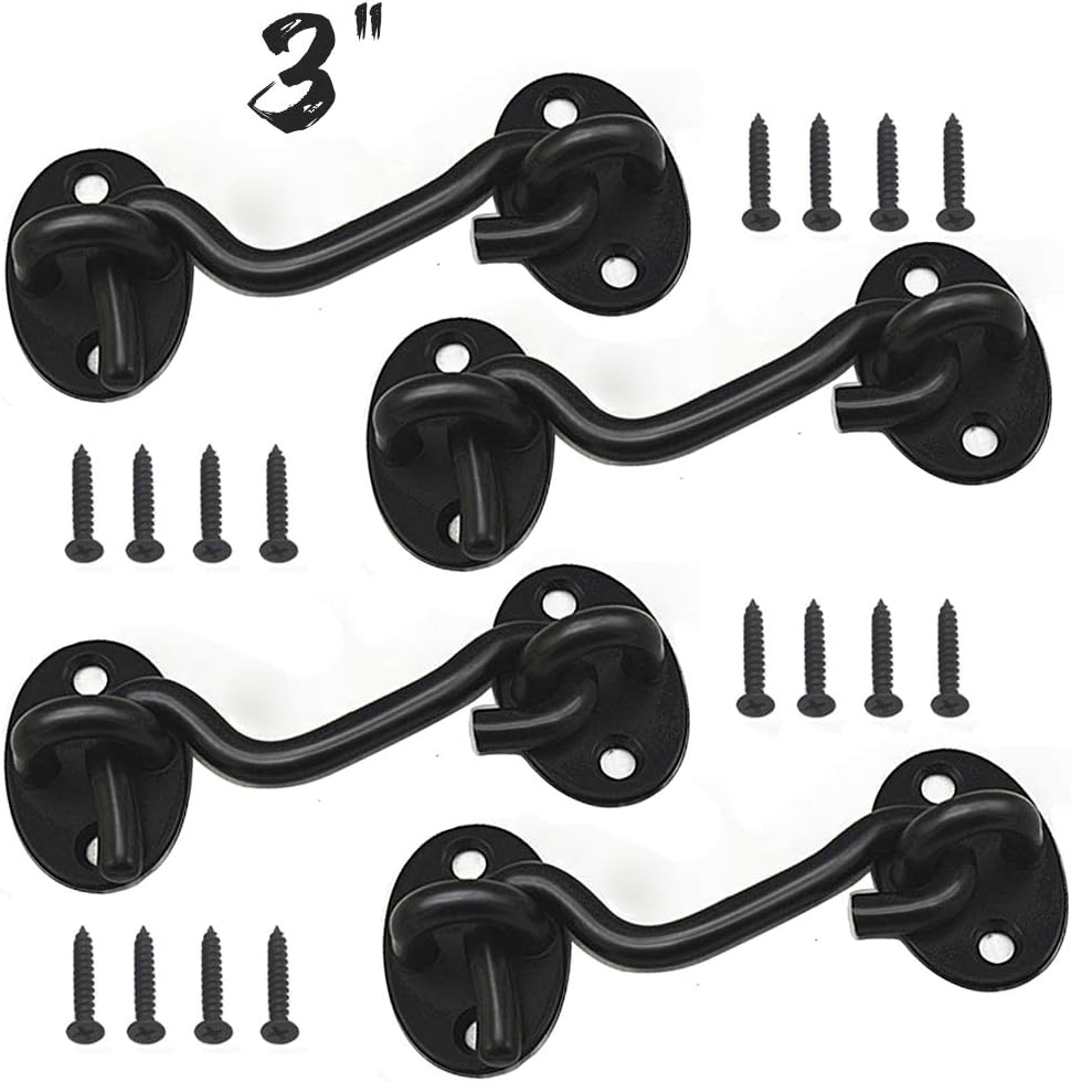 4 Pack Barn Door Latch Cabin Hook and Eye Black, Solid Thicken