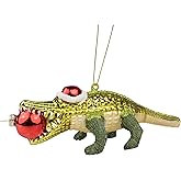 Needzo Alligator with Santa Hat Glass Ornament, Christmas Tree Wildlife Hanging Decor, 7.5 Inches