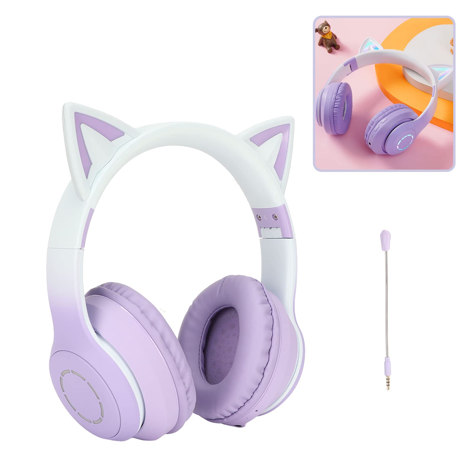 Gugxiom Cat Ear Headphones, Wireless Gaming Headsets via Bluetooth 5.1/3.5mm AUX Cable, Foldable Headphones with 7 Colors LED Lights and 4 LED Modes for Girls, Adults (Violet)