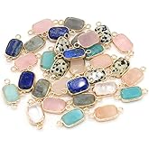 LE SKY 8 Pcs Natural Stone Pendant connectors rectabgle Mixed Crystal Stone Link Charms for Jewelry Making Necklace Accessories