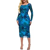 un tercio Women's Summer Long Sleeve Mesh Sexy Bodycon Fitted Party Night Out A-Line Midi Dress