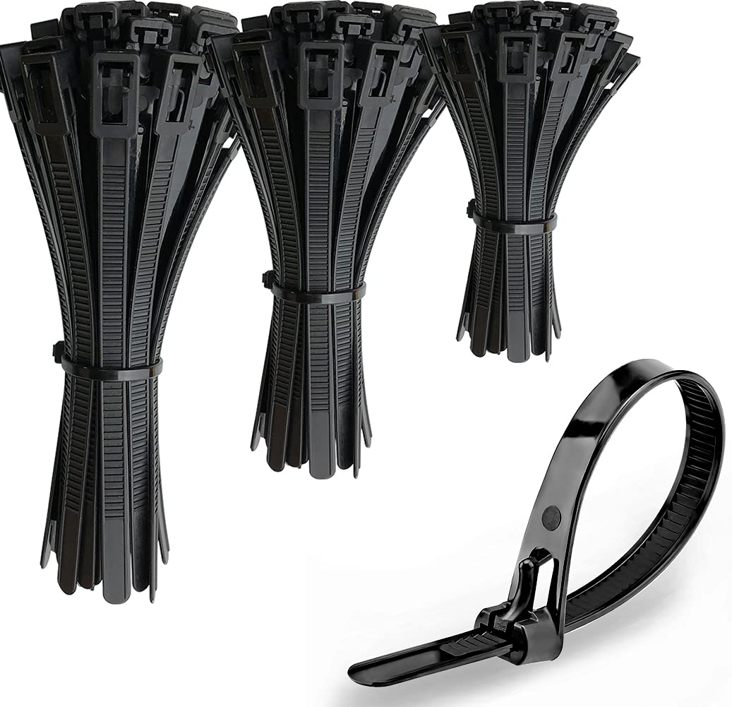 Oksdown 150 Pack Reusable Black Heavy Duty Cable Ties 7.6mm Strong Nylon Zip Ties Releasable Plastic Tie Wraps Assorted in Sizes 150mm/200mm/300mm,6" 8" 12"(50 Pcs Per Size)
