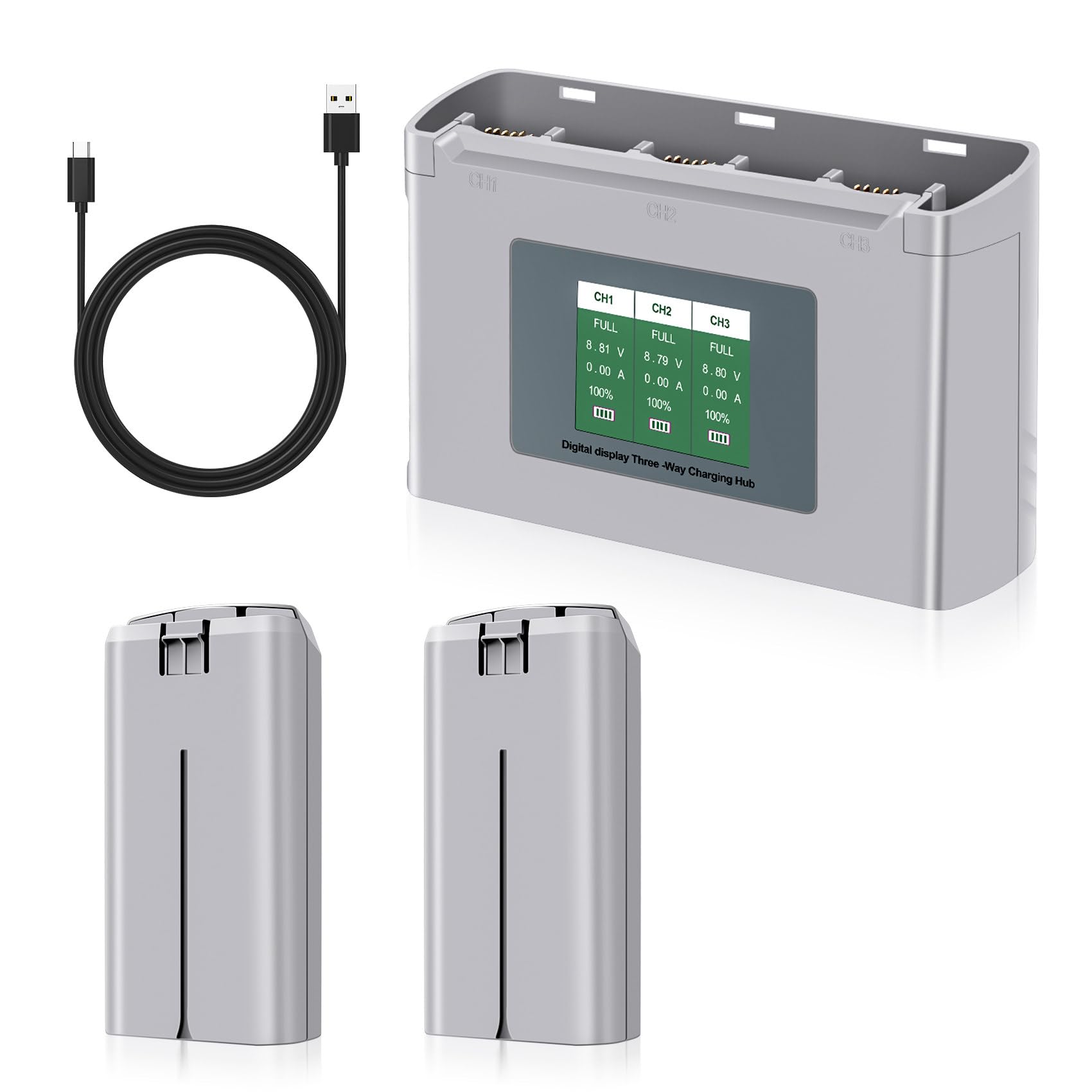 PoweLyt Mini 2 Series Intelligent Flight Battery Charger Combo 2-Pack 2400mAh Drone Batteries and 3 Slots Two-Way Charging Hub with LCD Display Fully Compatible with DJI Mini 4K/2/2 SE/SE Drone