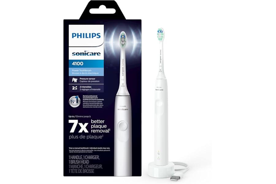 Philips Sonicare 4100 Rechargeable Electric Toothbrush, with Pressure Sensor, 2 Intensity Settings, SmarTimer and QuadPacer, 14-Day Battery Life, White, Model HX3681/23