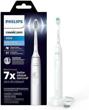 Personal Care - Philips Sonicare 4100 Series Electric Toothbrush - Sonic Toothbrush with Advanced Sonic Technology, Pressure Sensor, Two Intensity Settings, Smartimer & Quadpacer, White, Model HX3681/23