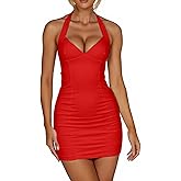 Mizoci Women's Sexy Halter Deep V Neck Sleeveless Mini Dress Backless Bodycon Party Short Dresses