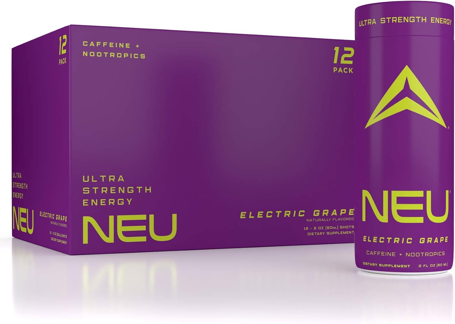 NEU Extra Strength Nootropic Energy Shots, Energy Drink: Brain Booster Focus Supplement, Coffee Alternative Nutritional Drink + Keto Energy Pre Workout, Zero Sugar, Electric Grape 2 Fl Oz: Health & Personal Care