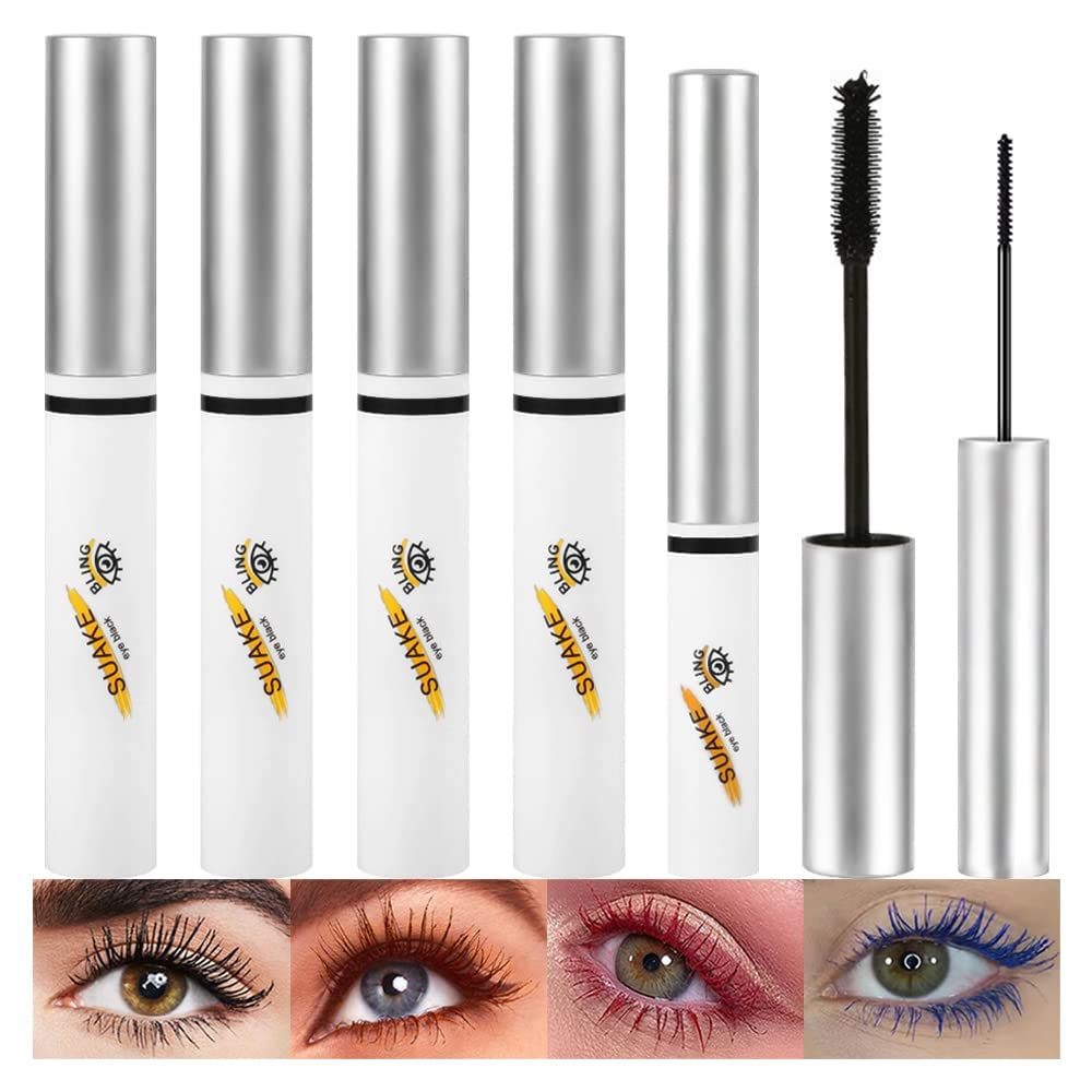 4pcs Colored Mascara and 1Pcs Black Skinny Mascara Set, Blue Red Brown Mascara eyelash Volume and Length, 4D Silk Fiber Lash Extensions Mascara, Natural Hypoallergenic Cruelty-Free Mascara