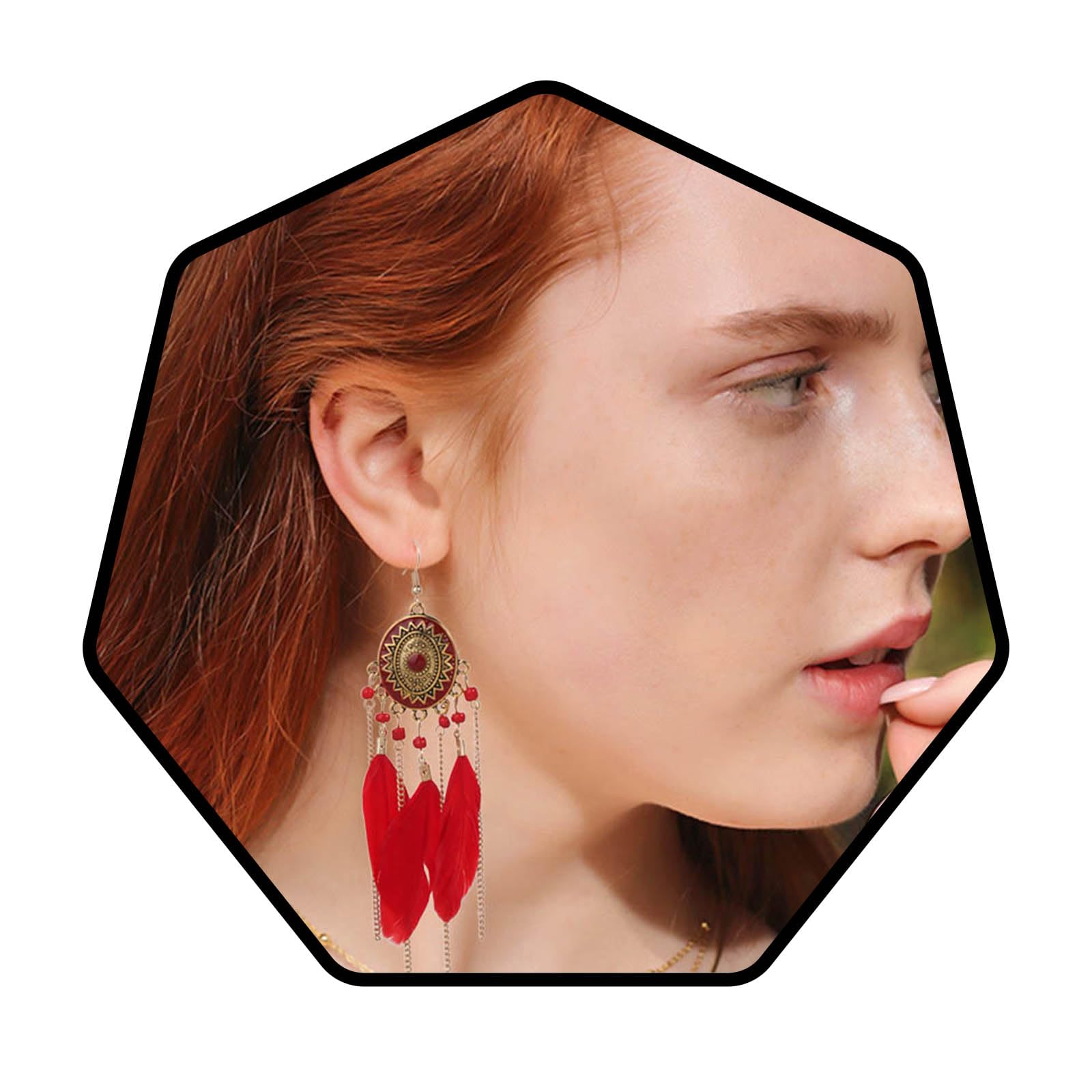 Bohend Boho Feather Tassel Earrings Gold Long Turquoise Earring Bohemia Travel Beach Bead Chain Ear Accessories for Women and Girls (Red)