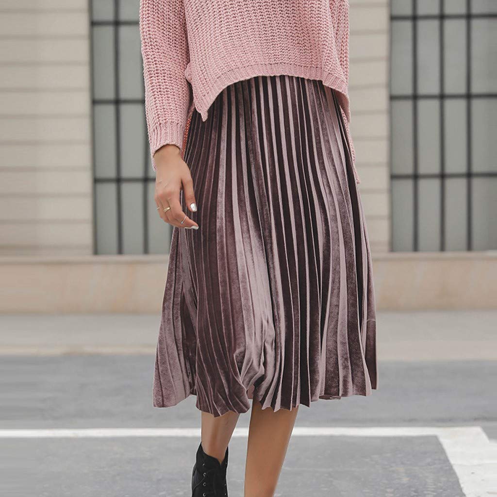 Women Pleated Skirt Fashion Solid High Waist Casual Elegant Elastic Midi Skirt