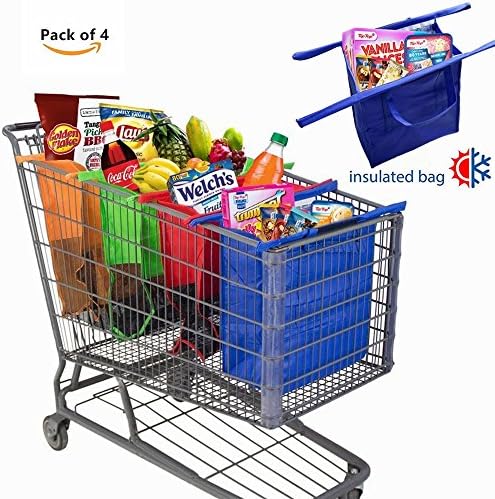 4PCS Reusable Grocery Shopping Cart Trolley Bags Supermarket Shopping Eco Bags with Insulated Cooler Bag- Easy to Use and Heavy Duty