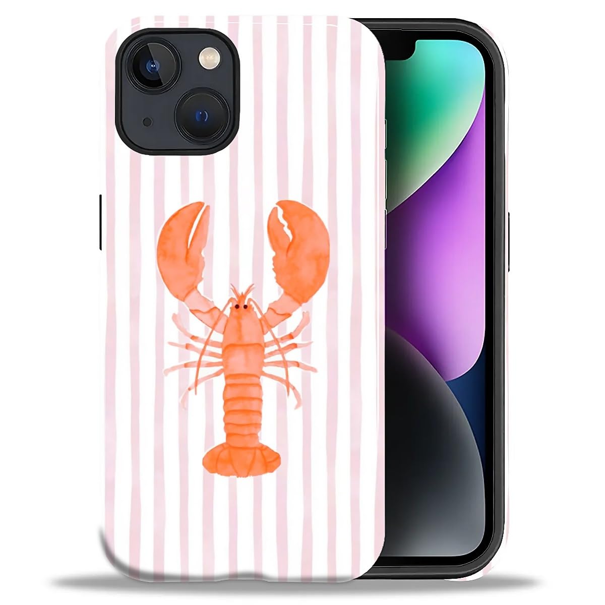 Goodsprout for iPhone 14 Plus Case,Hybrid 2-Layer Hard Shell + Silicone Protective Case -Resistant Shockproof- Pink Striped Lobster Collage