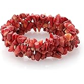 Gem Stone King 8 Inch Multi Strands Red Simulated Coral Stone Chips Stretch Bangle Bracelet For Women