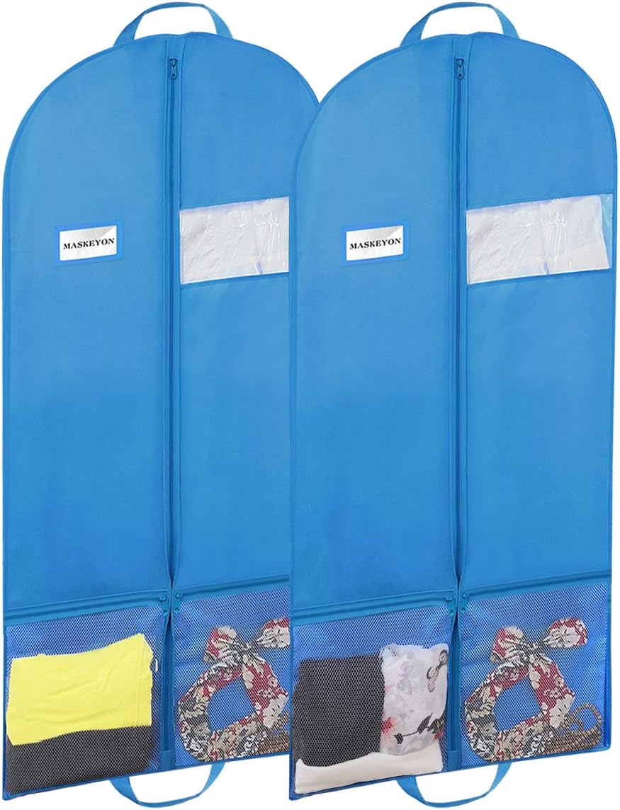 MASKEYON 60" Garment Bags with Large Zipper Pocket for Dance Costume,Wedding Gown,Suit,Furs,Garment Bags for Travel and Storage(Set of 2,Blue)