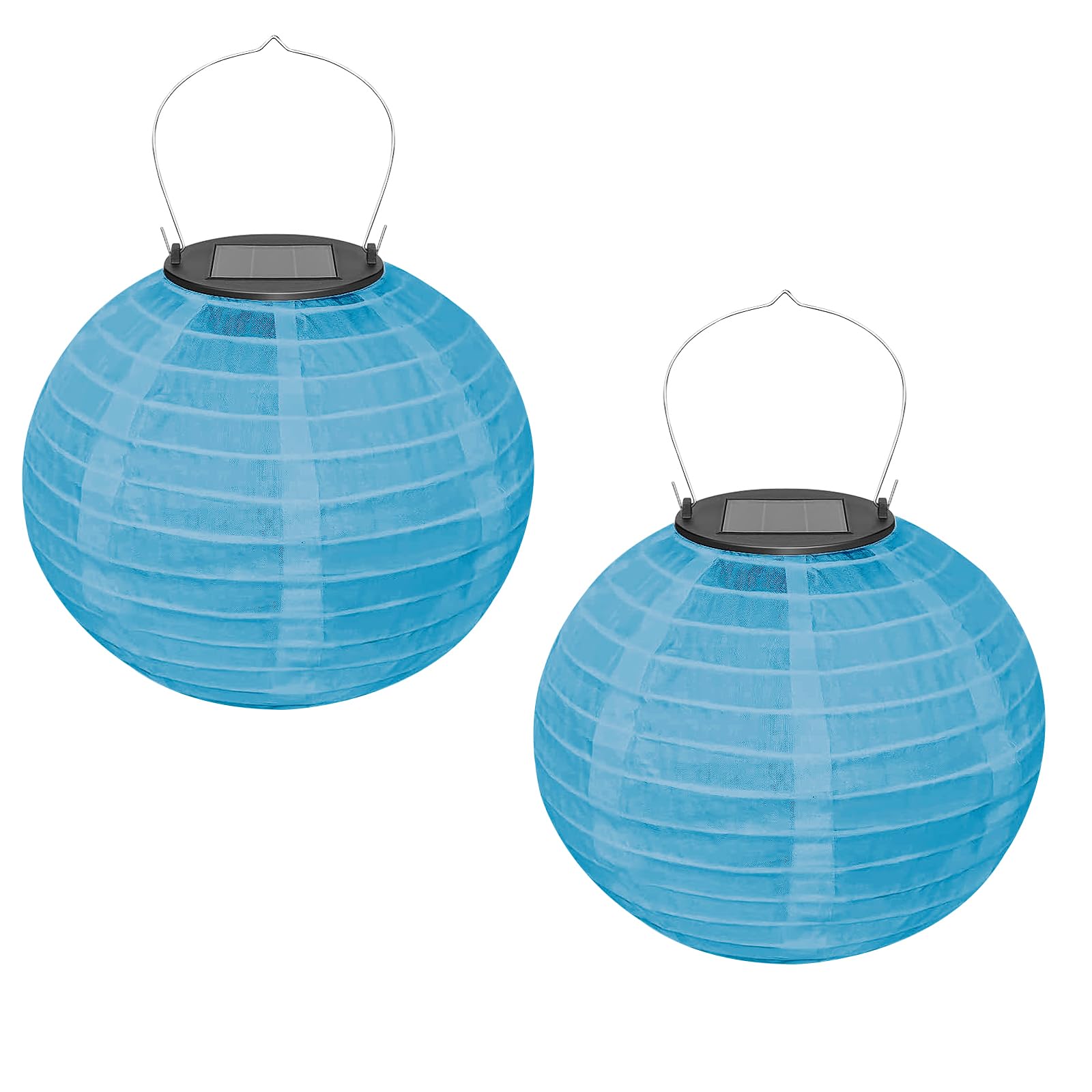 Ledeak 2 Pcs Solar Lantern, Round Ceiling Polyester Light Shade Lantern with Solar Rechargeable LED Lights, 20 cm Chinese Oriental Style Lamp Shade Lantern for Outdoor Garden Festival Decor (Blue)