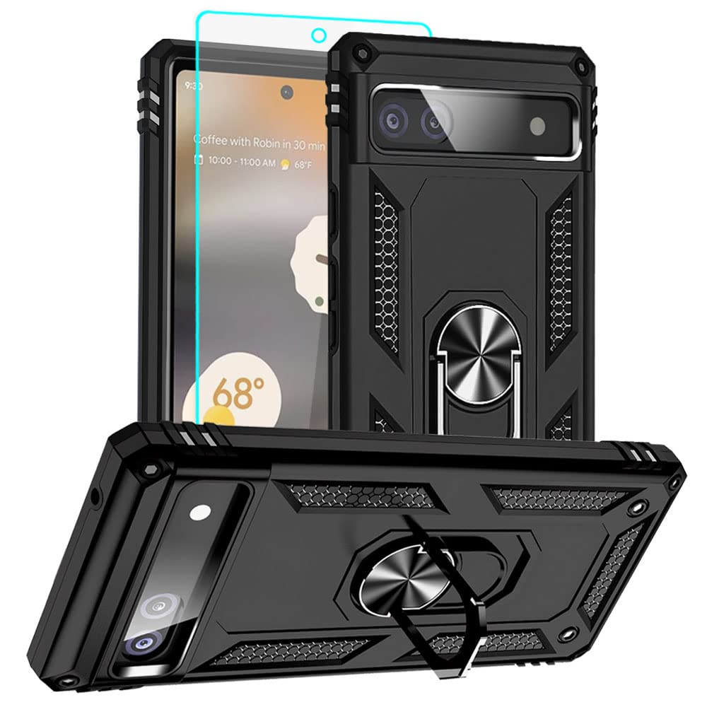Google Pixel 6A Phone Case with HD Screen Protector, Ring Shockproof Protective Case, Black