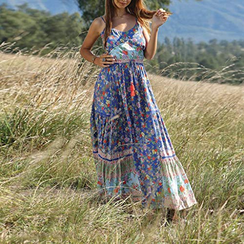 Women's Summer Long Dresses Casual Bohemian Empire Waist Pleated Maxi Dress Halter Beach Swing Flowy Dresses (Blue4, L/US:8)