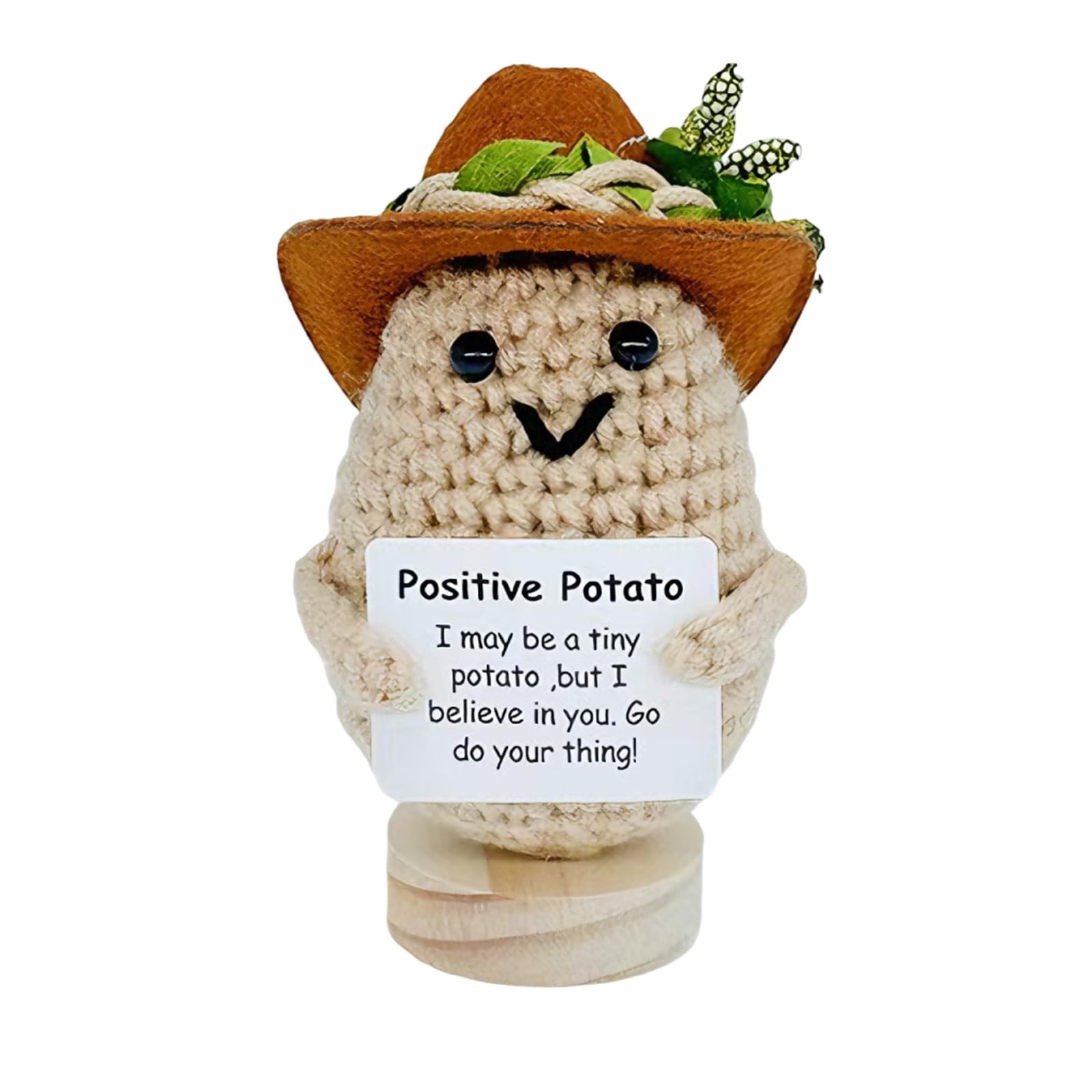 Satiskid 1Pcs Positive Emotional Potato Crochet Doll with Cowboy Hat & Wooden Base, Handmade Knitting Wool Hug Doll with Encouragement Card, Good Luck Positive Gift for Women Men Birthday Emotional Su