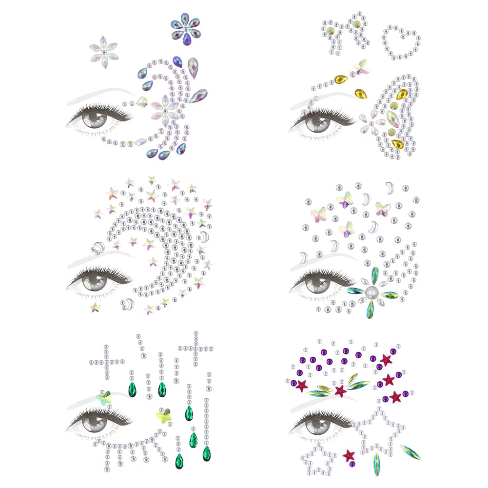 6 Pcs Face Gems,Crystal Half Face Jewelry Sticker Glitter Rhinestone Festival Gems Temporary Tattoo Forehead Eyebrow Decoration for Women Kids Eyes Body Make Up Christmas Halloween Summer Party