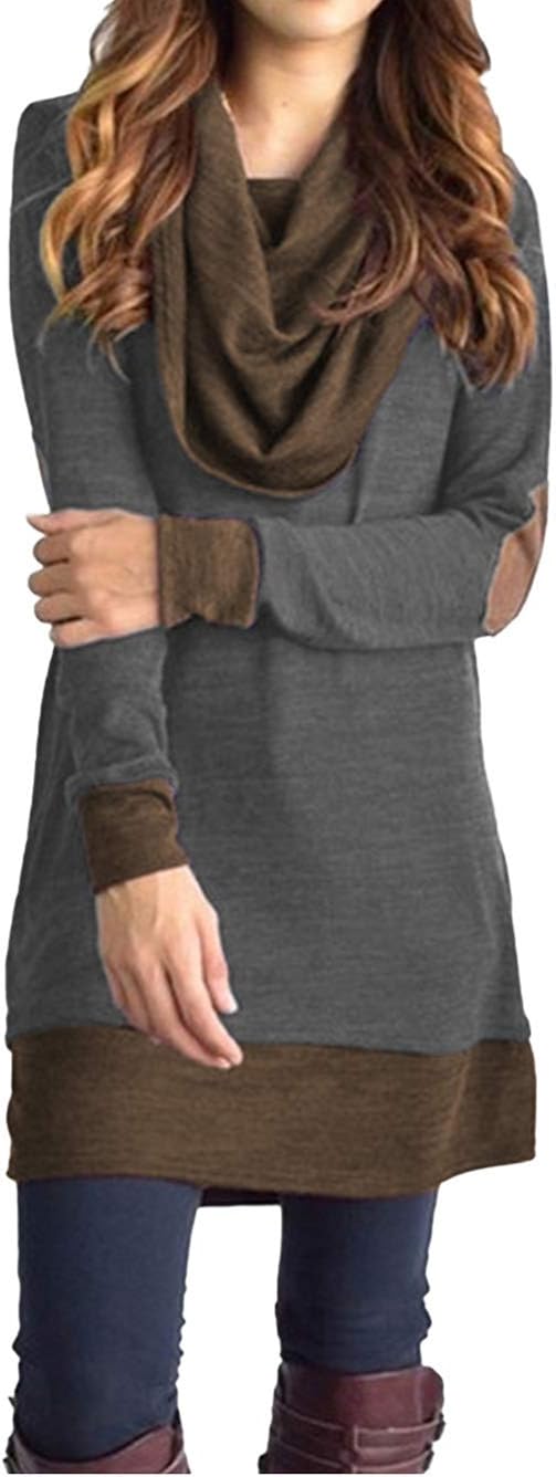 Famulily Women's Cowl Neck Tops Two Tone Color Block Pullovers Elbow Patchs Loose Long Tunic Blouse