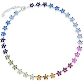 Rainbow Daisy Tennis Necklace for Women, 18" Ombre CZ Flower Choker, Multicolor Cubic Zirconia Floral Chain in Brass, Dainty Color-Gradient Necklace