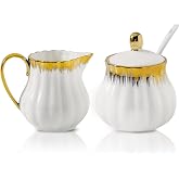 Ceramic Sugar and Creamer Set, White Sugar Bowl &amp; Creamer Set with Gold Trim, 3 Piece with 10oz Cream Pitcher, 11oz Sugar Bowl with Lid and Spoon, Coffee Serving Set for Caf&eacute;, Afternoon Tea