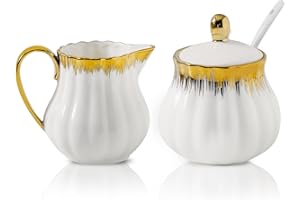 LETAOTAO Ceramic Sugar and Creamer Set, White Sugar Bowl & Creamer Set with Gold Trim, 3 Piece with 10oz Cream Pitcher, 11oz Sugar Bowl with Lid and Spoon, Coffee Serving Set for Café, Afternoon Tea