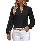 ZOOMOON Ladies Tops and Blouses V Neck Shirts 2025 Casual Loose Womens Long Sleeve Tops Chiffon Blouse Dressy Trendy Black M