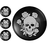XIAOYU 4 Pack Halloween Skeleton Stainless Steel Dinner Plates, Skull Gothic Round Metal Plates, Unique Skull/Flower Pattern Design, Metal Dinner Dishes For Dinner, Party, Camping, Dishwasher Safe