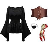 PWQMGY 4Pcs Pirate Costume Women-Include Renaissance Shirt Top Women,Pirate Corset Bandana-Halloween Carnival Cosplay Outfit