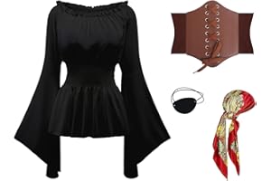 PWQMGY 4Pcs Pirate Costume Women-Include Renaissance Shirt Top Women,Pirate Corset Bandana-Halloween Carnival Cosplay Outfit