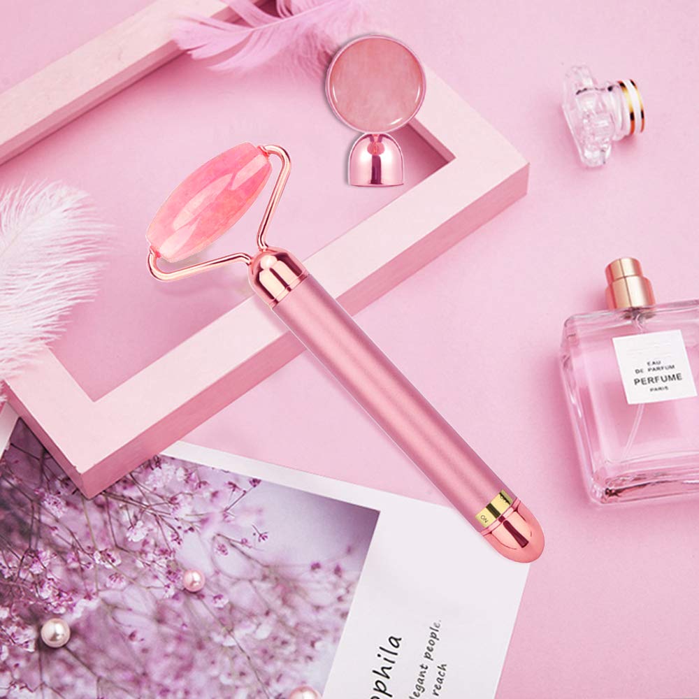 2-IN-1 Jade Roller Face Massager, Electric Nature Rose Quartz Beauty Bar Facial Roller Kit, Arm Eye Nose Massage Stone for Face Lift,Anti-Aging,Anti-Wrinkles,Skin Tightening,Face Firming: Beauty