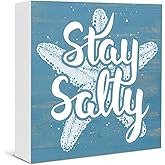 Beach Wooden Box Sign Decor, Starfish and Summer Decor Stay Salty Wood Block Plaque Sign Farmhouse Home Bedroom Bathroom Beach House Shelf Wall Decoration