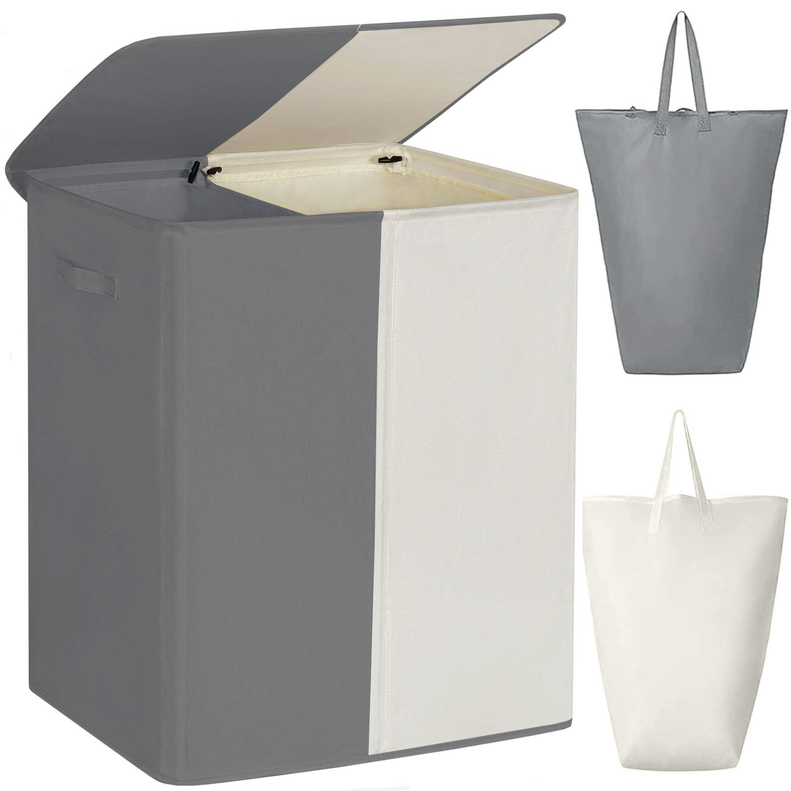 WOWLIVE 154L Double Laundry Basket with lid large washing basket and Removable Laundry Bags Large Collapsible 2 Dividers washing basket with Handles for Bedroom Laundry Room (Beige+Grey)