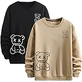 WDIRARA Men's 2 Pack Bear Print Pullovers Black and White Sweatshirt Round Neck Casual Long Sleeve Sweatshirts
