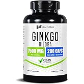 Healthfare Ginkgo Biloba Extract 7500mg | 200 Vegan Capsules | Extra Strength Standardized Herbal Supplement | Supports Brain Function, Memory & Focus | Non-GMO, Gluten-Free | Made in USA